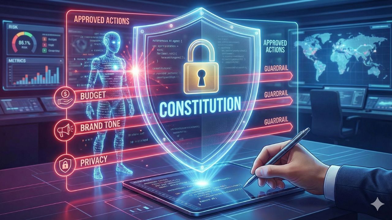 Diagram illustrating the 'Constitutional AI' architecture, showing the separation between the Agent, the Constitution (Guardrails), and the Execution Layer.