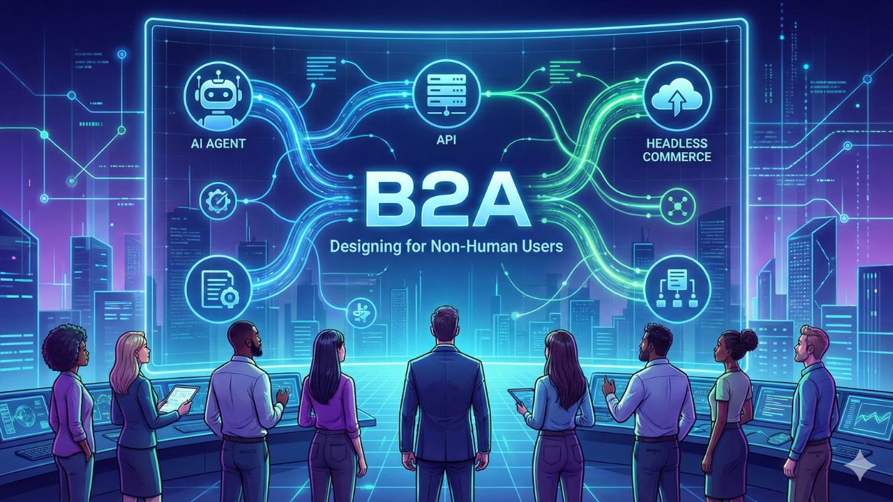 A diagram comparing the Traditional B2C funnel (Awareness -> Purchase) vs the B2A Loop (Intent -> API Call -> Transaction).