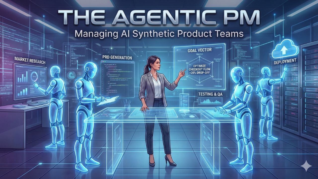 A diagram illustrating the shift from a traditional product team structure to an 'Agentic PM' managing a synthetic team of autonomous AI agents.