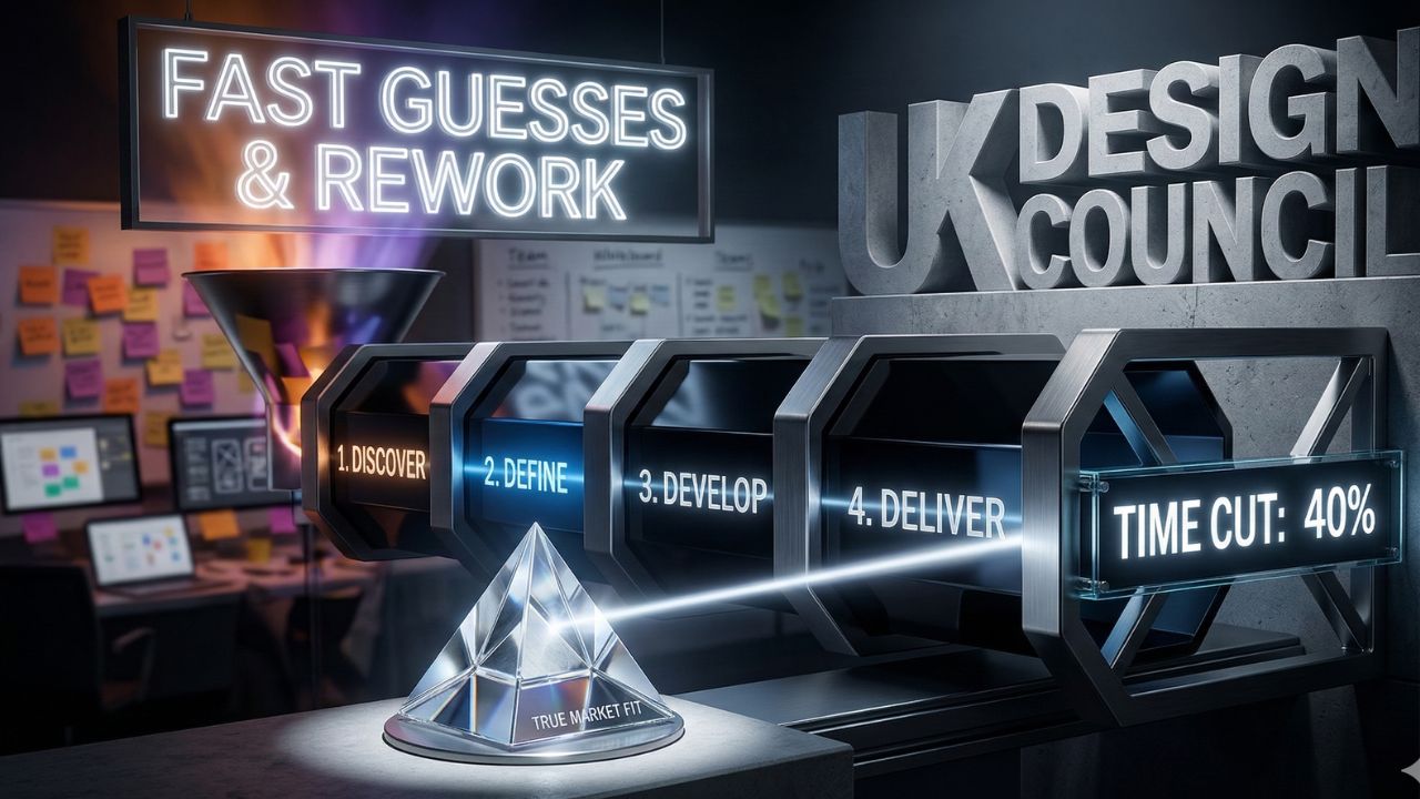 An illustration of the Double Diamond process mapping out the Discover, Define, Develop, and Deliver stages.