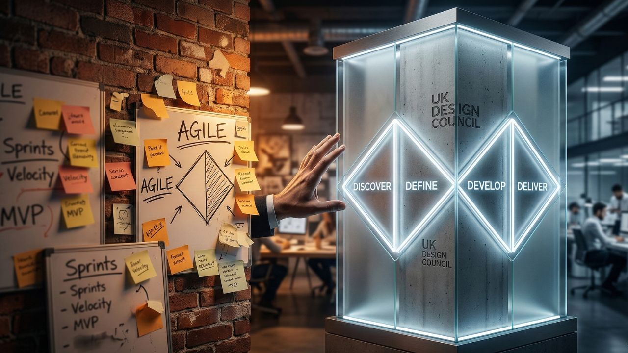 Diagram illustrating the intersection of the Double Diamond design process and Agile methodology