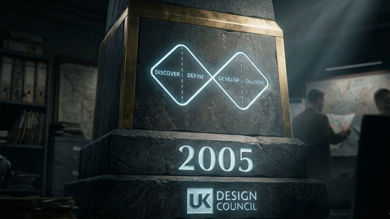 A visual representation showing the timeline of when the Double Diamond process was introduced by the UK Design Council in 2005.
